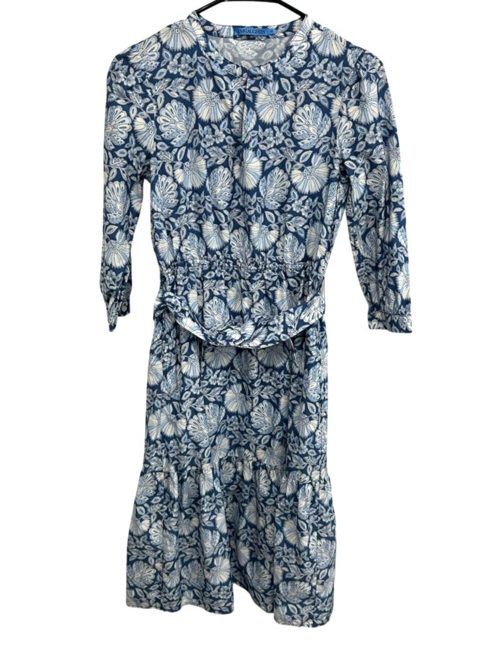 J.McLaughlin XS Blue Floral Print Belted Midi Dress 3/4 Sleeve Pocket Cottagecor